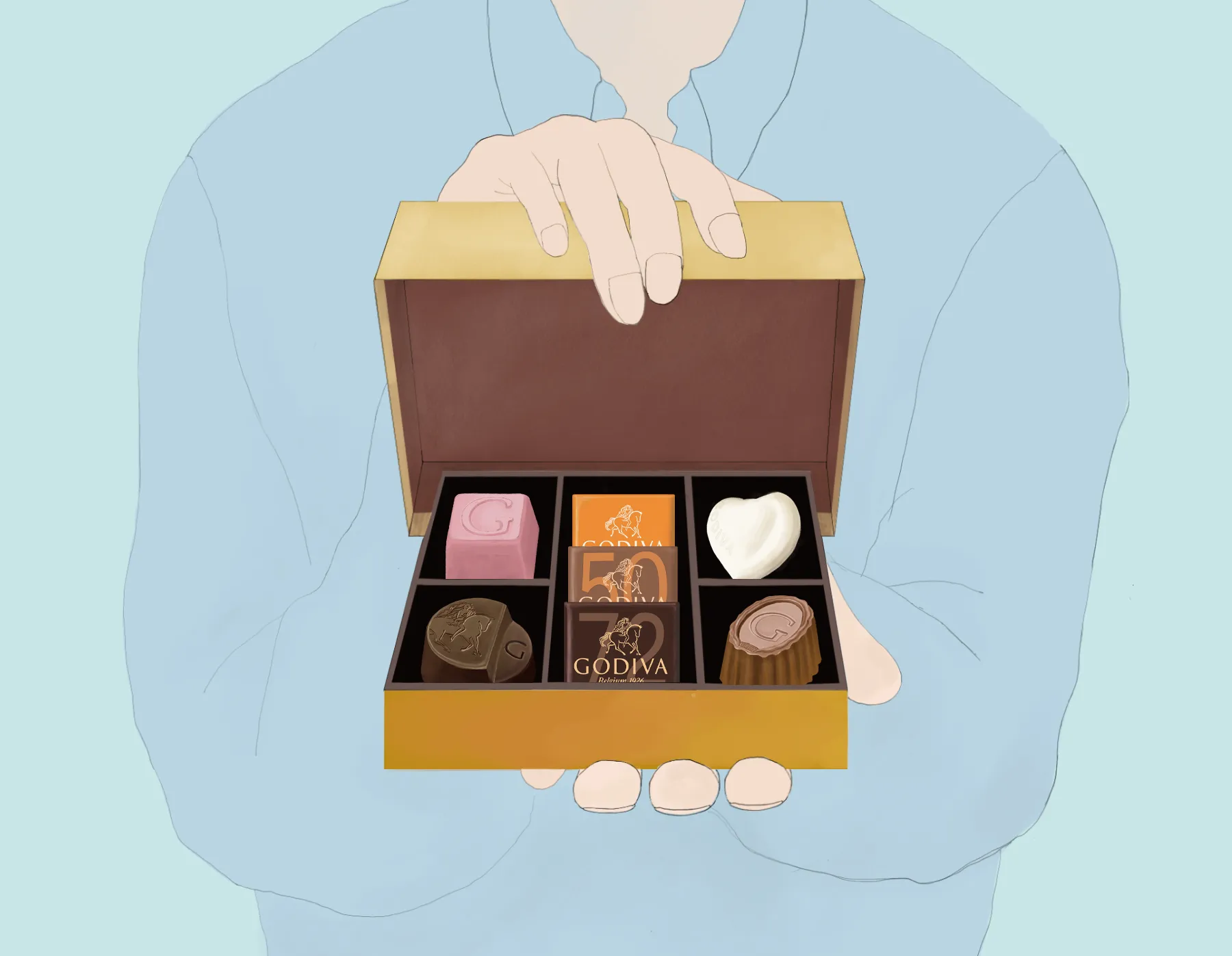 指輪のケースのように彼女に向けてチョコレートの粒が並んだ箱を開く