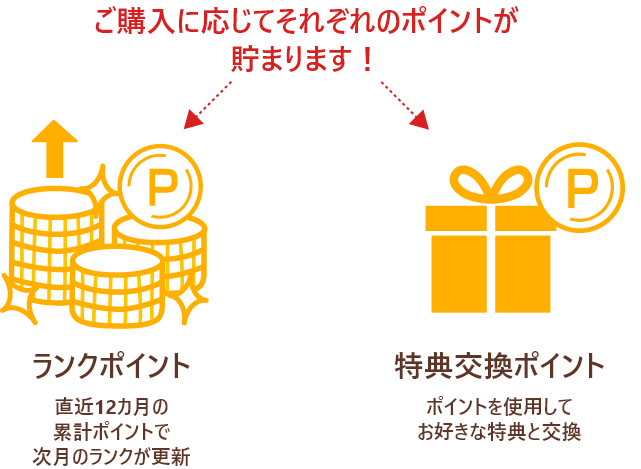 ご購入に応じてそれぞれのポイントが貯まります！ランクポイント=直近12カ月の累計ポイントで
次月のランクが更新_特典交換ポイント=ポイントを使用してお好きな特典と交換。
