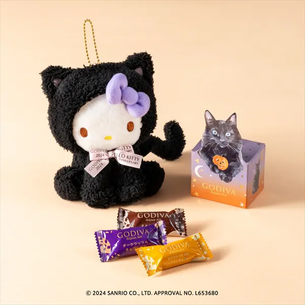 ゴディバ ブラックキャット コレクション G クリスピーショコラ アソートメント（3粒入）+ハローキティ ぬいぐるみチャーム オンラインショップ限定